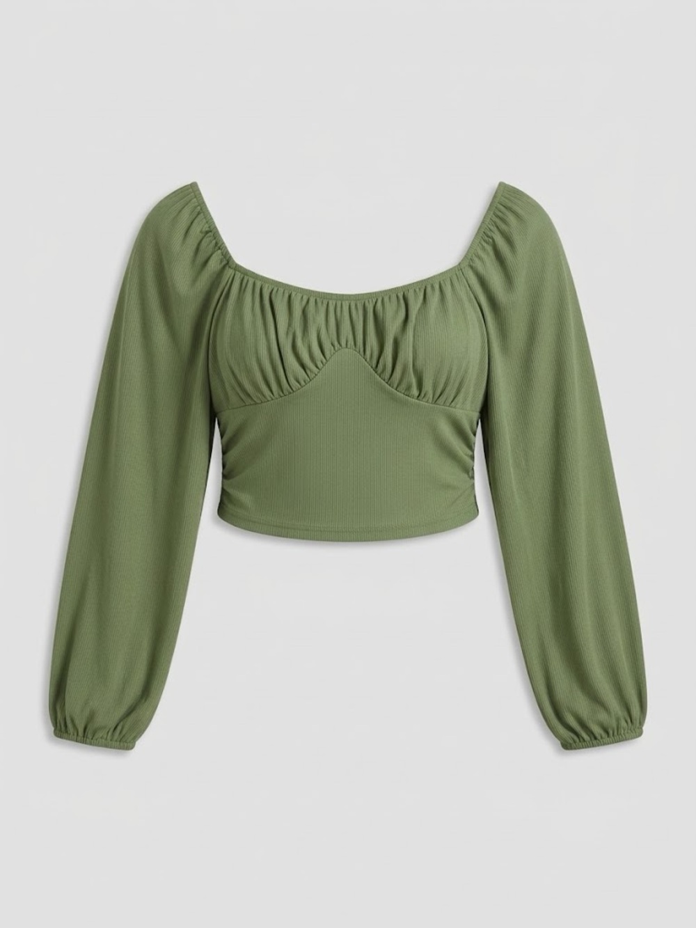 Olive Green Long Sleeve Square Neck Crop Top